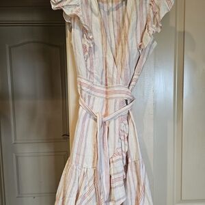 Rebecca Taylor White & Red Stripe Wrap Dress Ruffle Sleeve Size 4